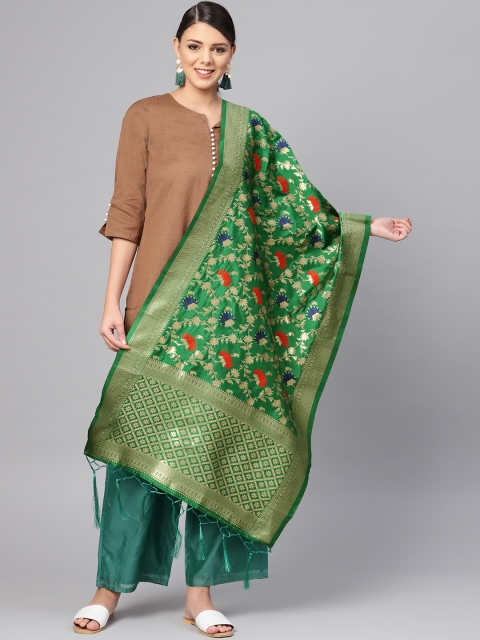 

SUTRAM Green & Golden Zari Woven Design Banarasi Dupatta