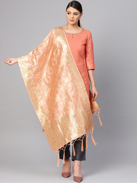

SUTRAM Peach-Coloured & Golden Zari Woven Design Banarasi Dupatta
