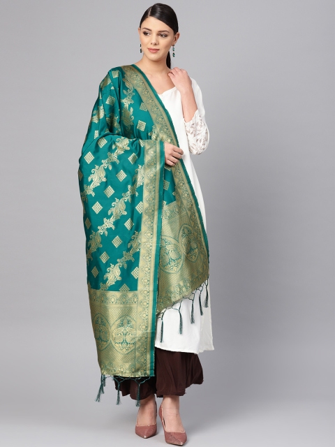 

SUTRAM Green & Golden Zari Woven Design Banarasi Dupatta