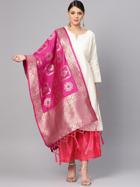 

SUTRAM Pink & Golden Zari Work Banarasi Dupatta