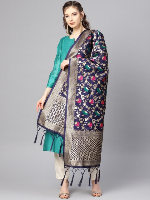 

SUTRAM Navy Blue & Golden Zari Woven Design Banarasi Dupatta
