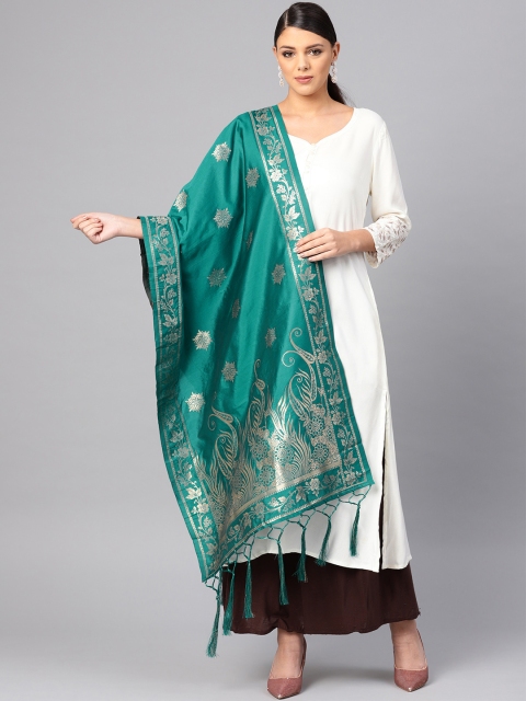 

SUTRAM Green & Golden Zari Woven Design Banarasi Dupatta
