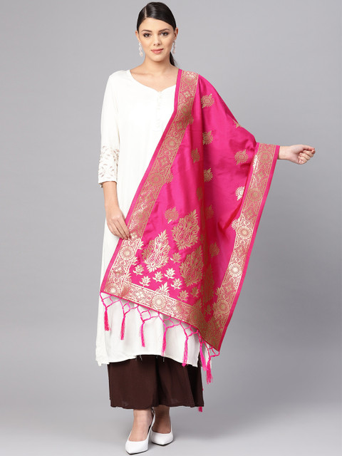 

SUTRAM Pink & Golden Zari Woven Design Banarasi Dupatta