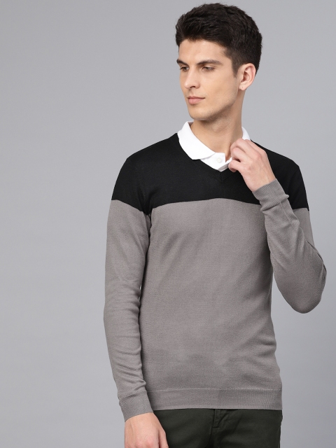 

Van Heusen Men Grey & Black Colourblocked Pullover
