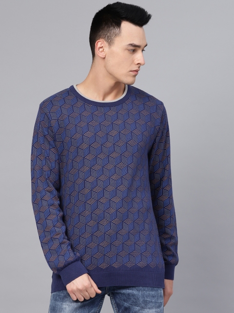 

Van Heusen Men Blue & Peach-Coloured Printed Sweater