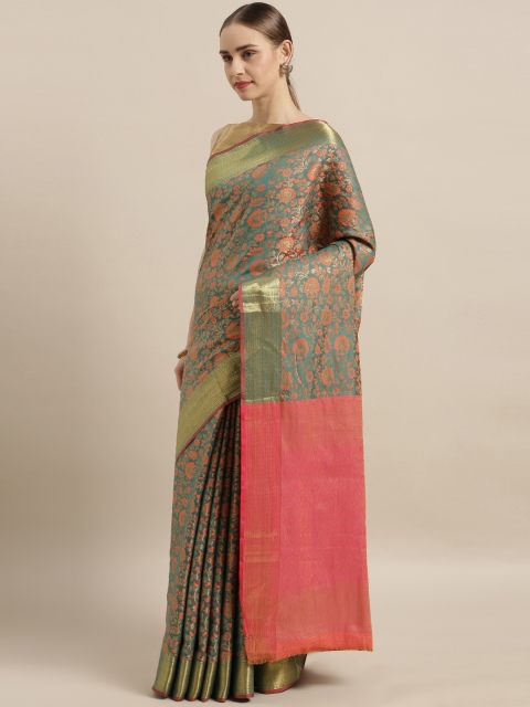 

Satrani Teal Blue & Pink Poly Silk Woven Design Banarasi Saree