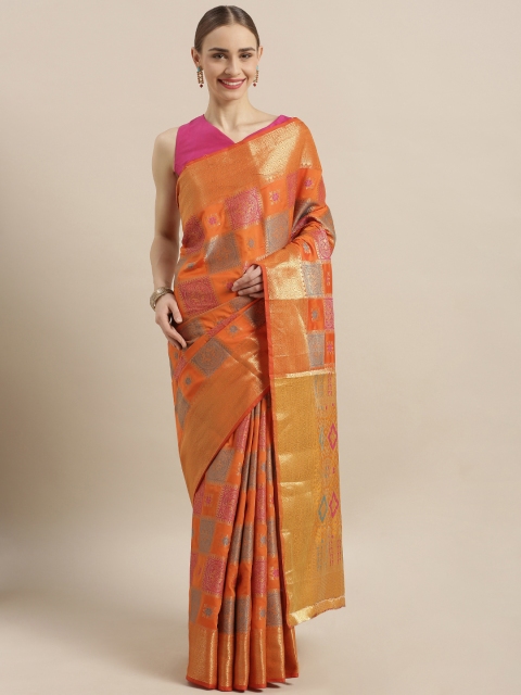 

Satrani Orange & Gold-Toned Poly Silk Woven Design Patola Saree