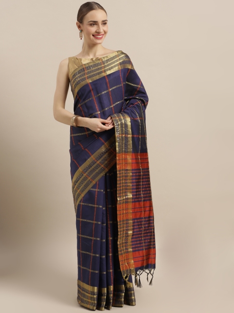 

Satrani Navy Blue Woven Design Poly Silk Saree