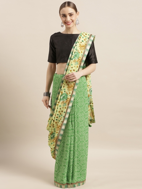 

Satrani Green & Brown Poly Georgette Printed Bandhani Saree