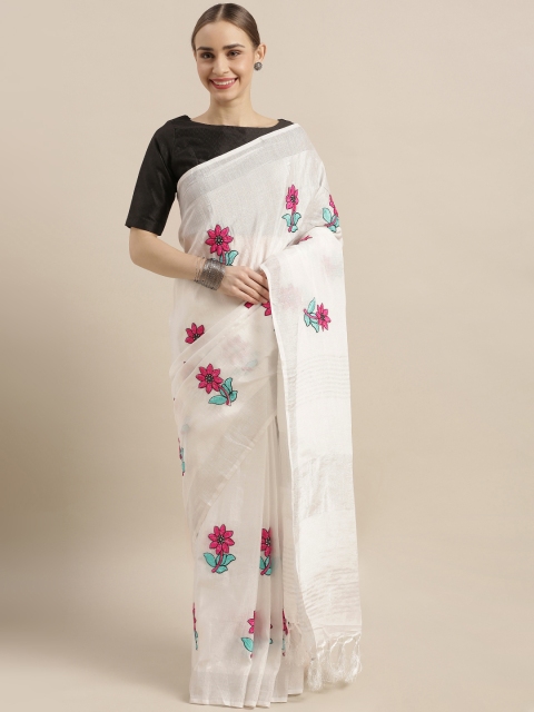 

Satrani White Embroidered Poly Silk Saree