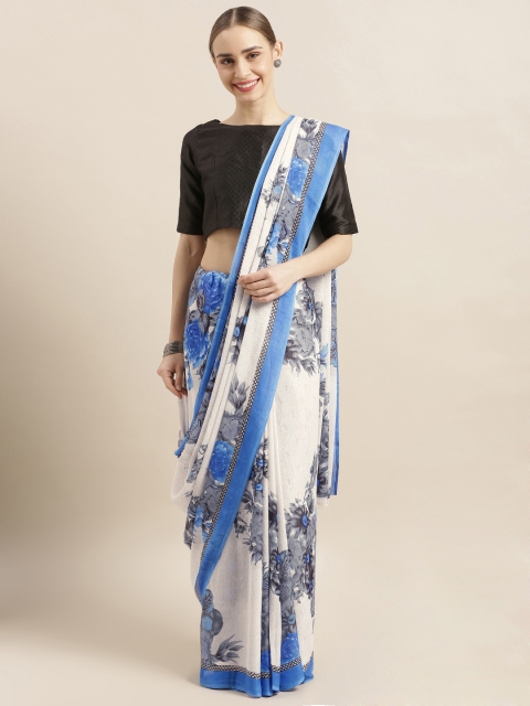 

Satrani White & Blue Poly Georgette Printed Saree