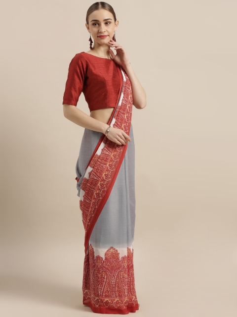 

Satrani Grey & Red Poly Georgette Solid Saree