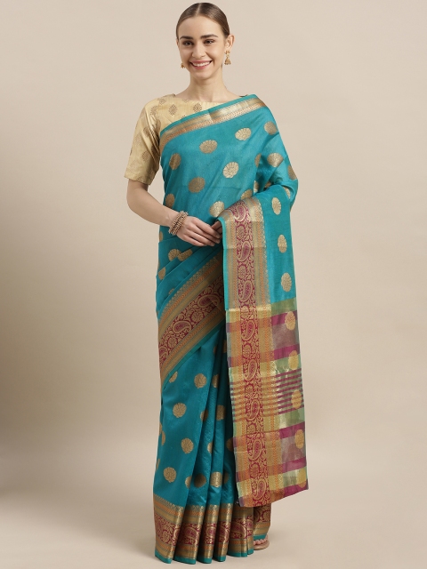 

Satrani Blue & Golden Poly Silk Woven Design Kanjeevaram Saree