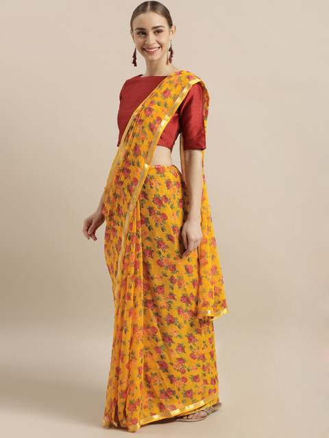 

Satrani Yellow & Pink Poly Chiffon Printed Saree