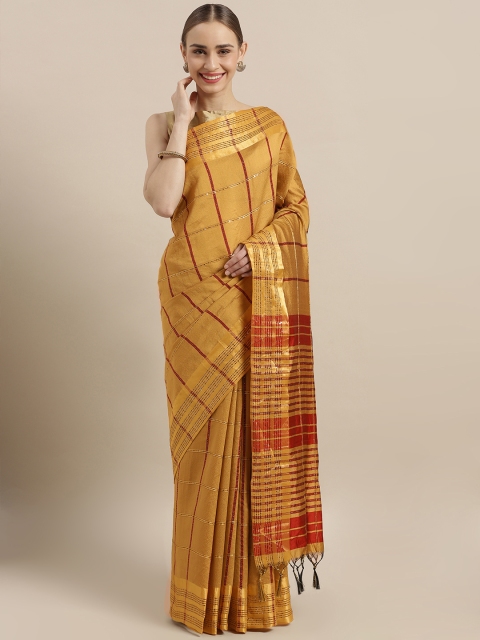 

Satrani Mustard Yellow & Red Poly Silk Checked Saree