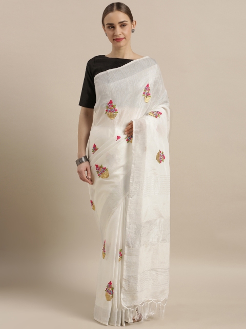 

Satrani White Embroidered Poly Silk Saree