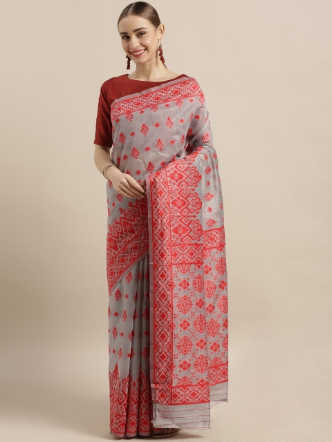 

Satrani Grey & Red Cotton Blend Woven Design Saree