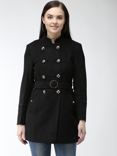 

Okane Women Black Solid Double-Breasted Peacoat