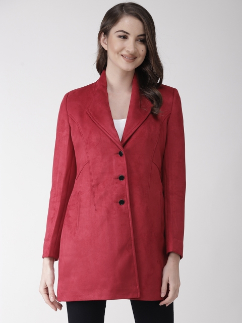 

Okane Women Red Solid Suede Finish Overcoat