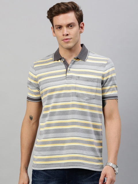 

Louis Philippe Men Grey & Yellow Striped Polo Collar T-shirt