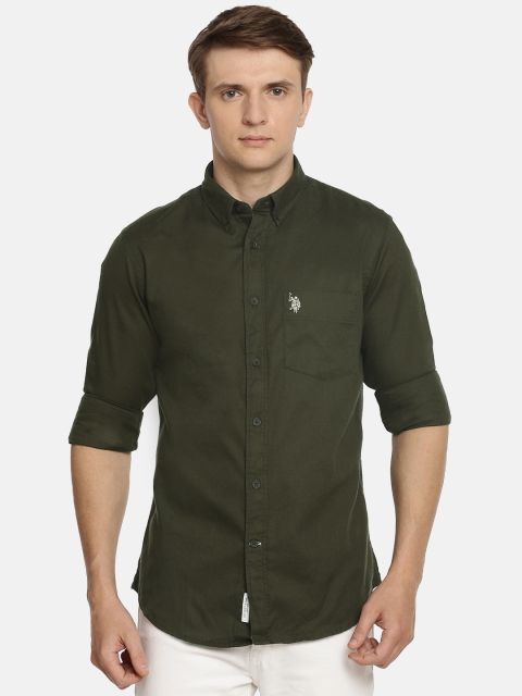 

U.S. Polo Assn. Men Olive Green Tailored Fit Self Design Casual Shirt