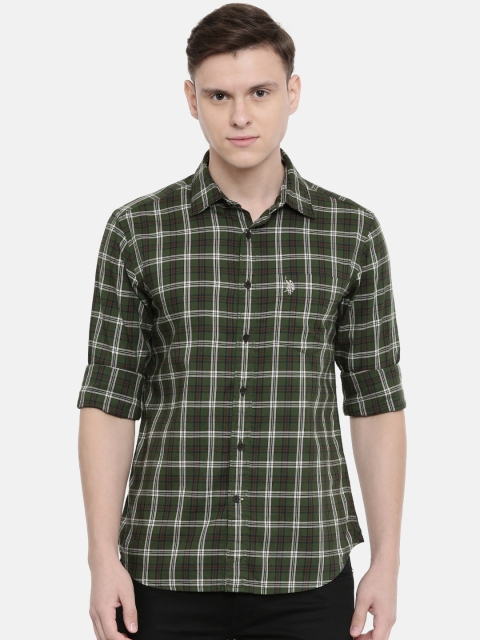 

U.S. Polo Assn. Men Olive Green & White Standard Tailored Fit Checked Casual Shirt