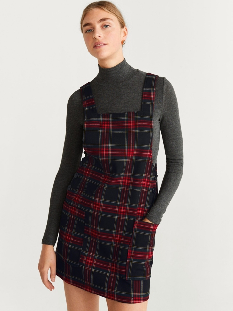 

MANGO Women Black & Maroon Checked Pinafore Dress