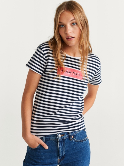 

MANGO Women Navy Blue & White Striped Round Neck T-shirt