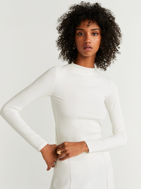 

MANGO Women Off-White Self-Striped Fitted Top