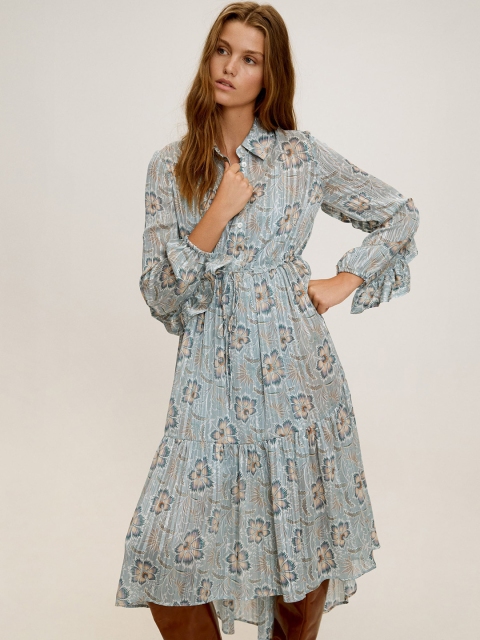 

MANGO Women Blue & Beige Floral Print Sustainable Tiered Shirt Dress