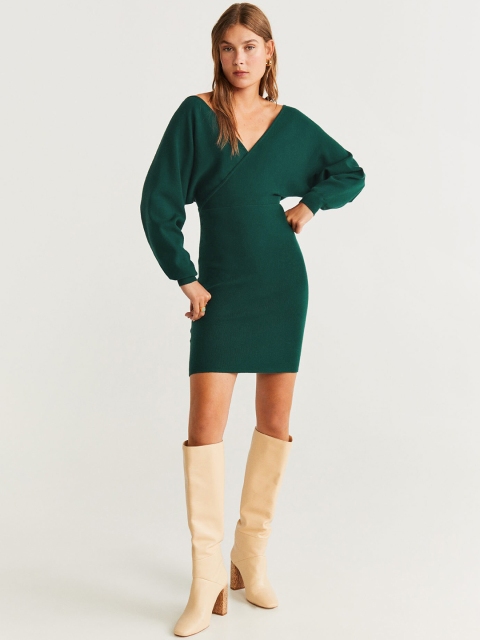 

MANGO Women Green Solid Wrap Dress