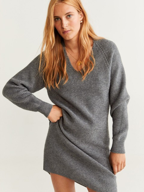 

MANGO Women Solid Grey Sweater Dress