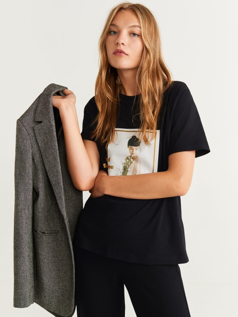 

MANGO Women Black & Off-White Printed Round Neck T-shirt