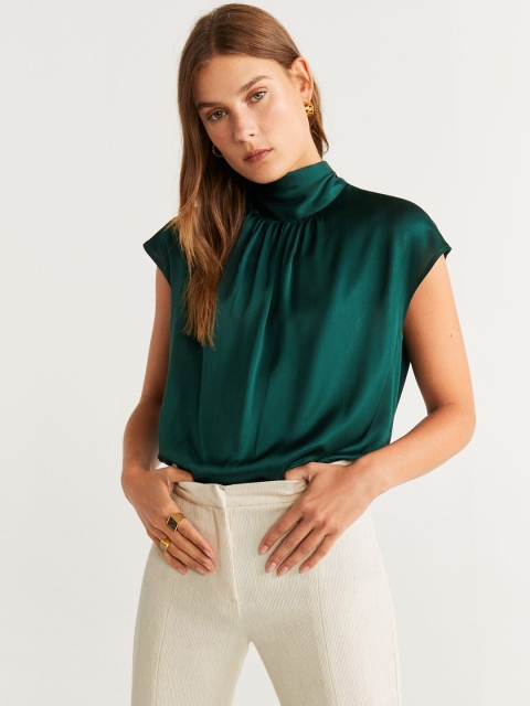 

MANGO Women Green Satin Finish Solid Top