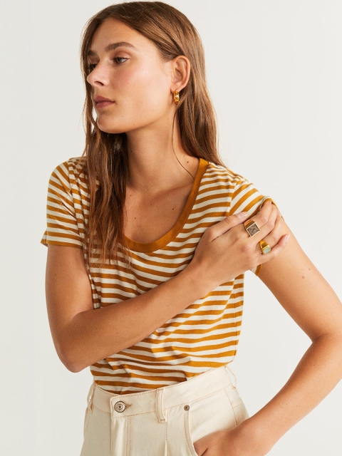 

MANGO Women Mustard Yellow & White Striped Round Neck T-shirt