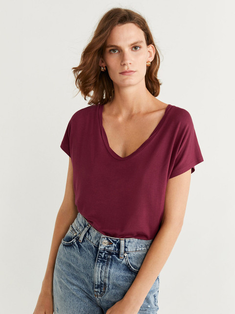 

MANGO Women Burgundy Solid V-Neck T-shirt