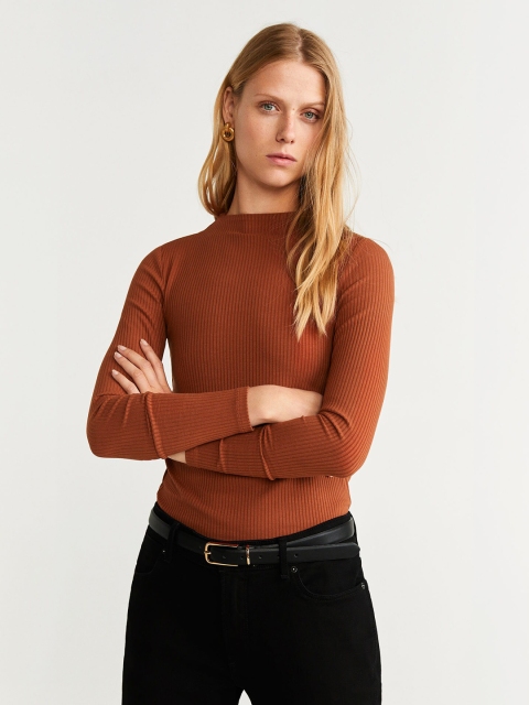 

MANGO Women Rust Brown Self-Striped Fitted Top