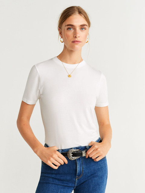 

MANGO Women White Solid Round Neck T-shirt