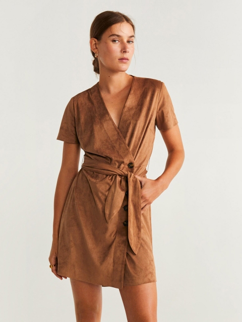 

MANGO Women Brown Suede Finish Solid Wrap Dress