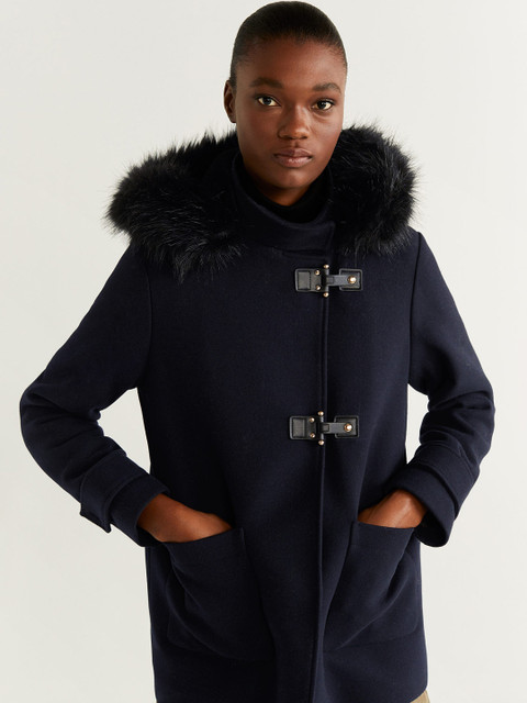 

MANGO Women Navy Blue Solid Hooded Overcoat