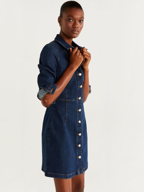 

MANGO Women Navy Blue Solid Denim Shirt Dress