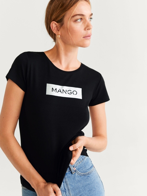 

MANGO Women Black & Silver Printed Round Neck T-shirt