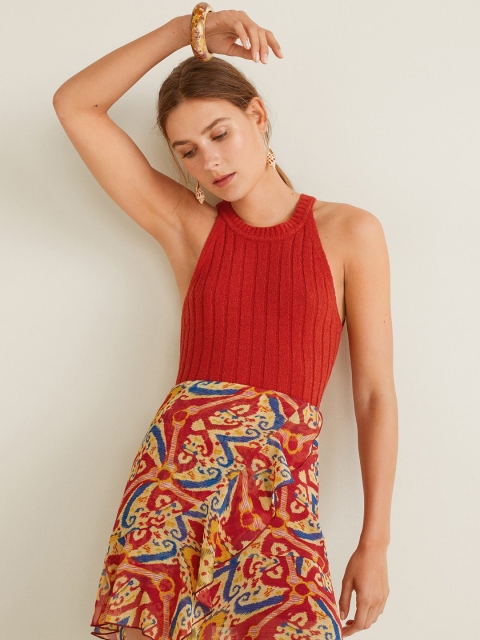 

MANGO Women Rust Red Ribbed Tank Top