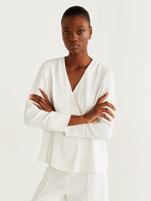 

MANGO Women White Solid Wrap Top