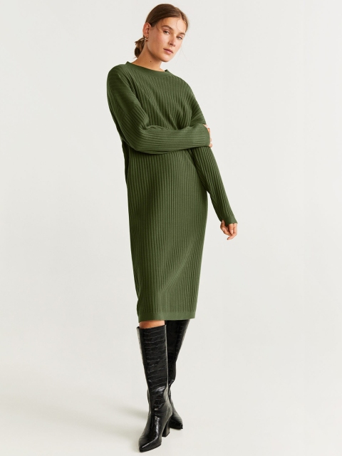 

MANGO Women Striped Olive Green Sweater Dress
