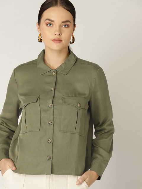 

MANGO Women Olive Green Regular Fit Solid Casual Shirt