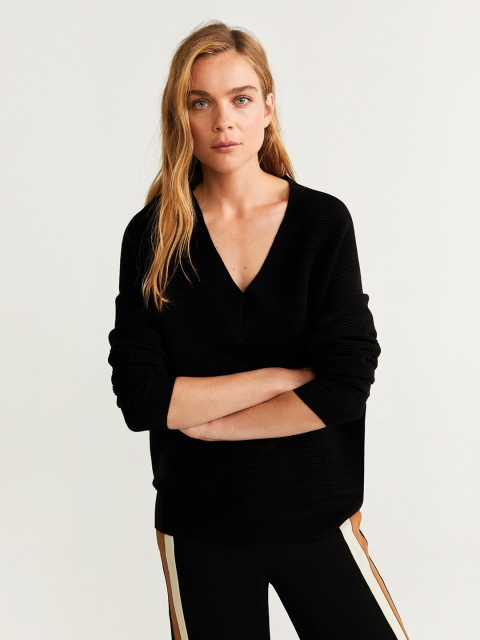 

MANGO Women Black Self-Striped Sweater