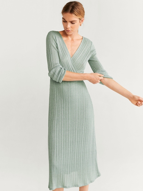 

MANGO Women Green Self-Striped Midi Wrap Dress