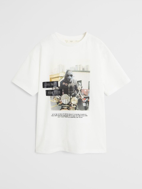 

Mango Kids Boys White & Black Printed Round Neck T-shirt