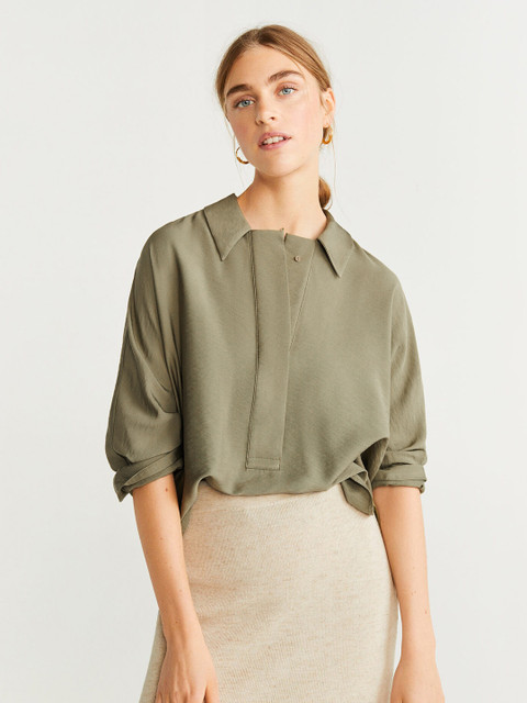 

MANGO Women Olive Green Solid Shirt Style Top